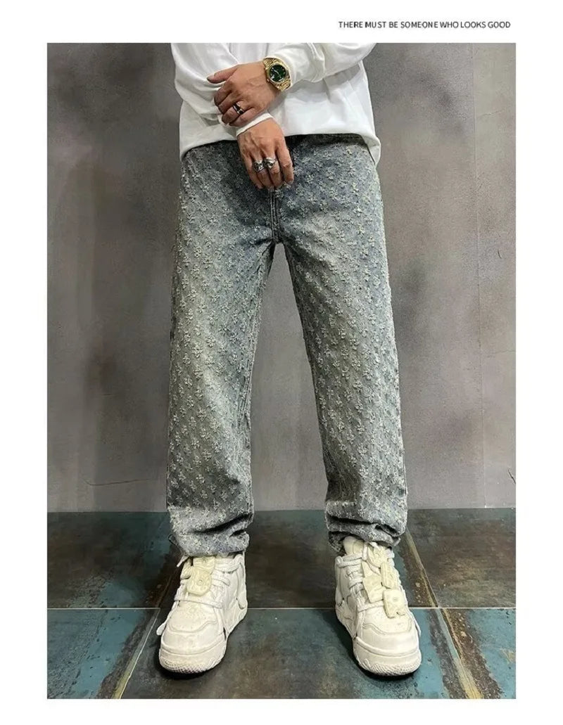 Herren Jeans 2025 - Jacquard All Over High Street Straight Lift Pattern Loose Wide Leg