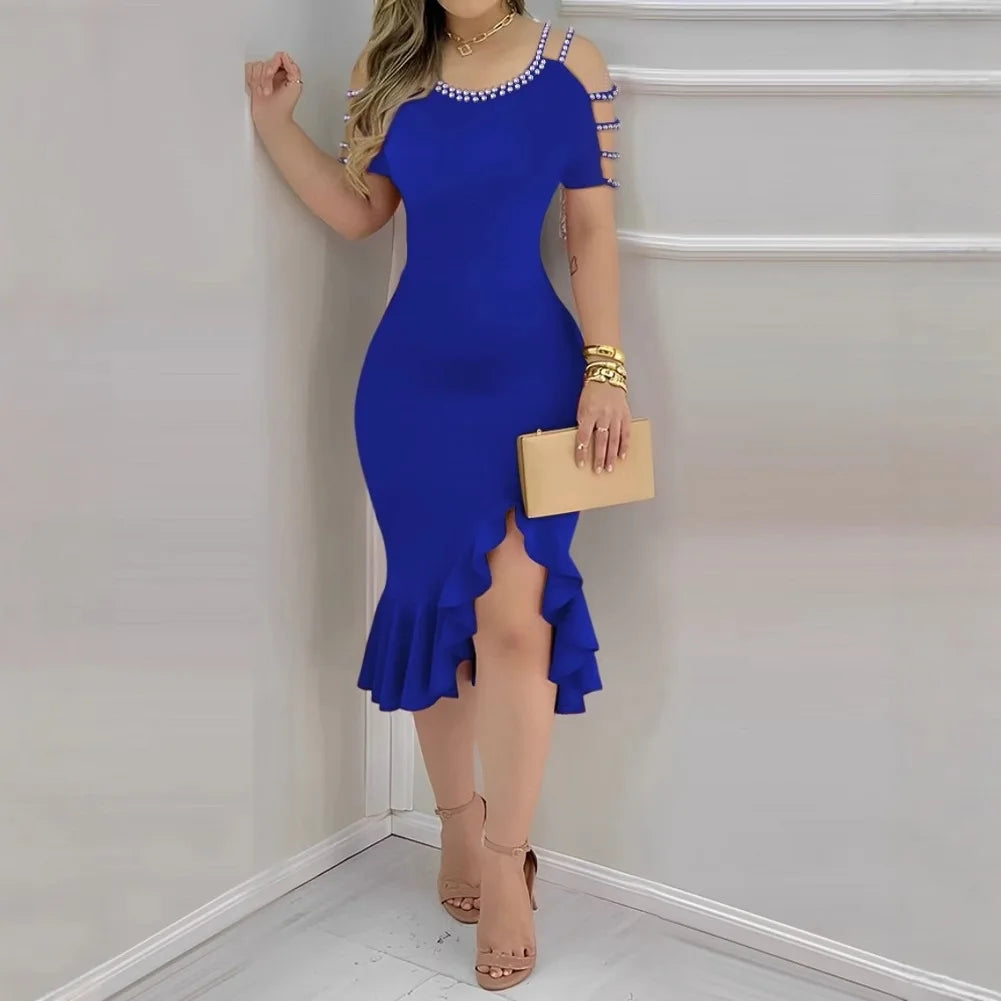 Elegante Frauen Kleid Perlen Dekoration - Schwarz S M L