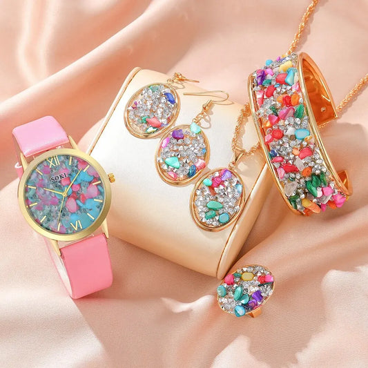 Luxus Damen Set Mode Strass - Uhr Ring Halskette Armband