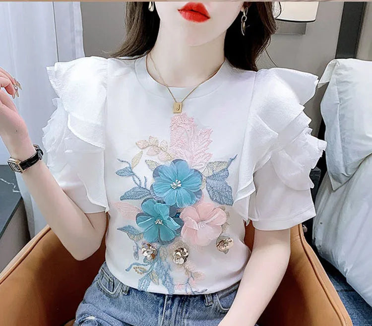 Ruffled White T-shirt Women's Short-Sleeved Floral Tshirt 2023 Summer New High-End Heavy Embroidery Flower Chic Top Tees