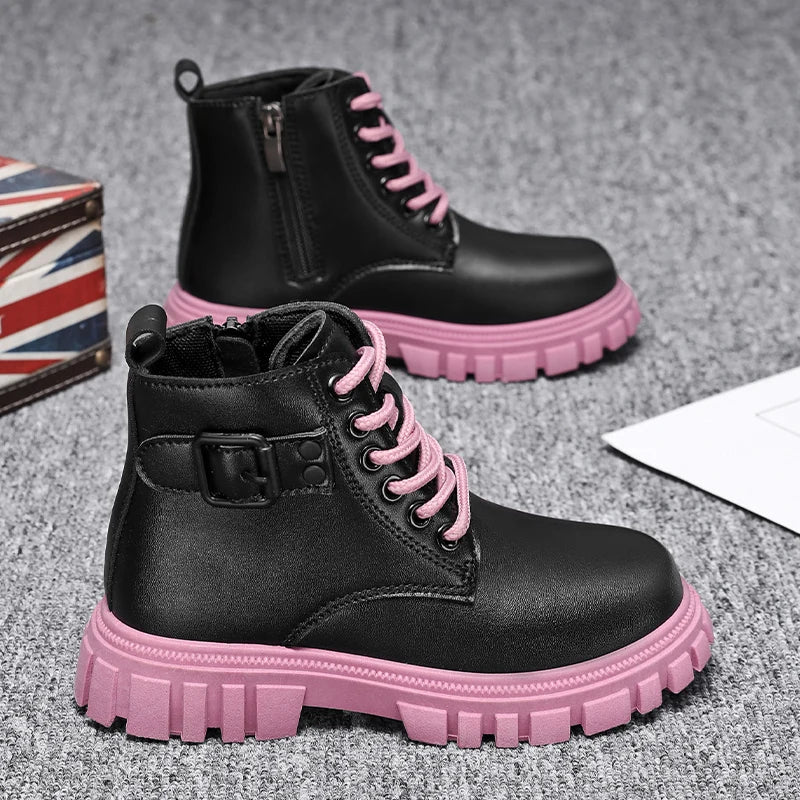 Herbst Mädchen Schnee Stiefel Mode Weiche Pu Leder Retro Britischen Stil Kinder Casual Schuhe Luxus Im Freien Nicht-slip Kinder stiefel