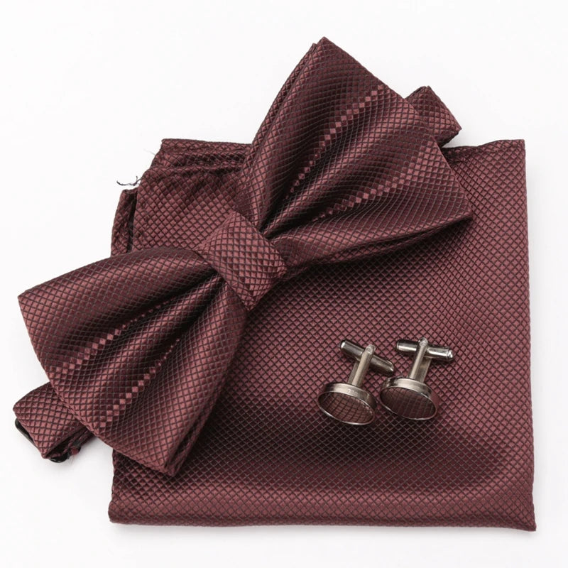 Men Bowtie Set 3pcs Plaids Classic Fashion Wedding Party Formal Cufflinks Bow Tie Handkerchief Cuff Links Lots Three Piece Set