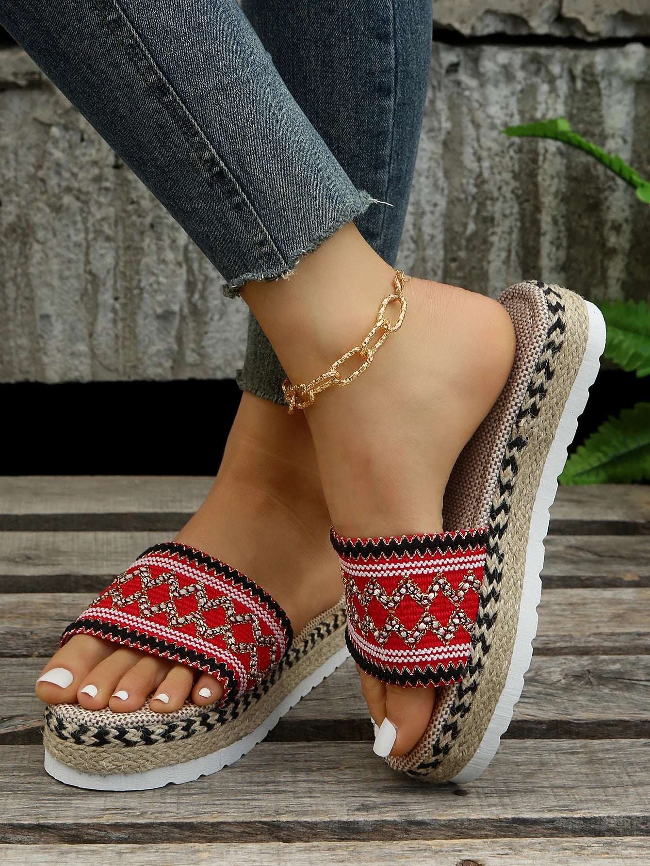 Gewebte Damen Pantoletten Platform - Sommer Schuhe für Damen 2025 Neu - Strand Casual Absatz Sandalen Bohemian Handgemacht Espadrilles