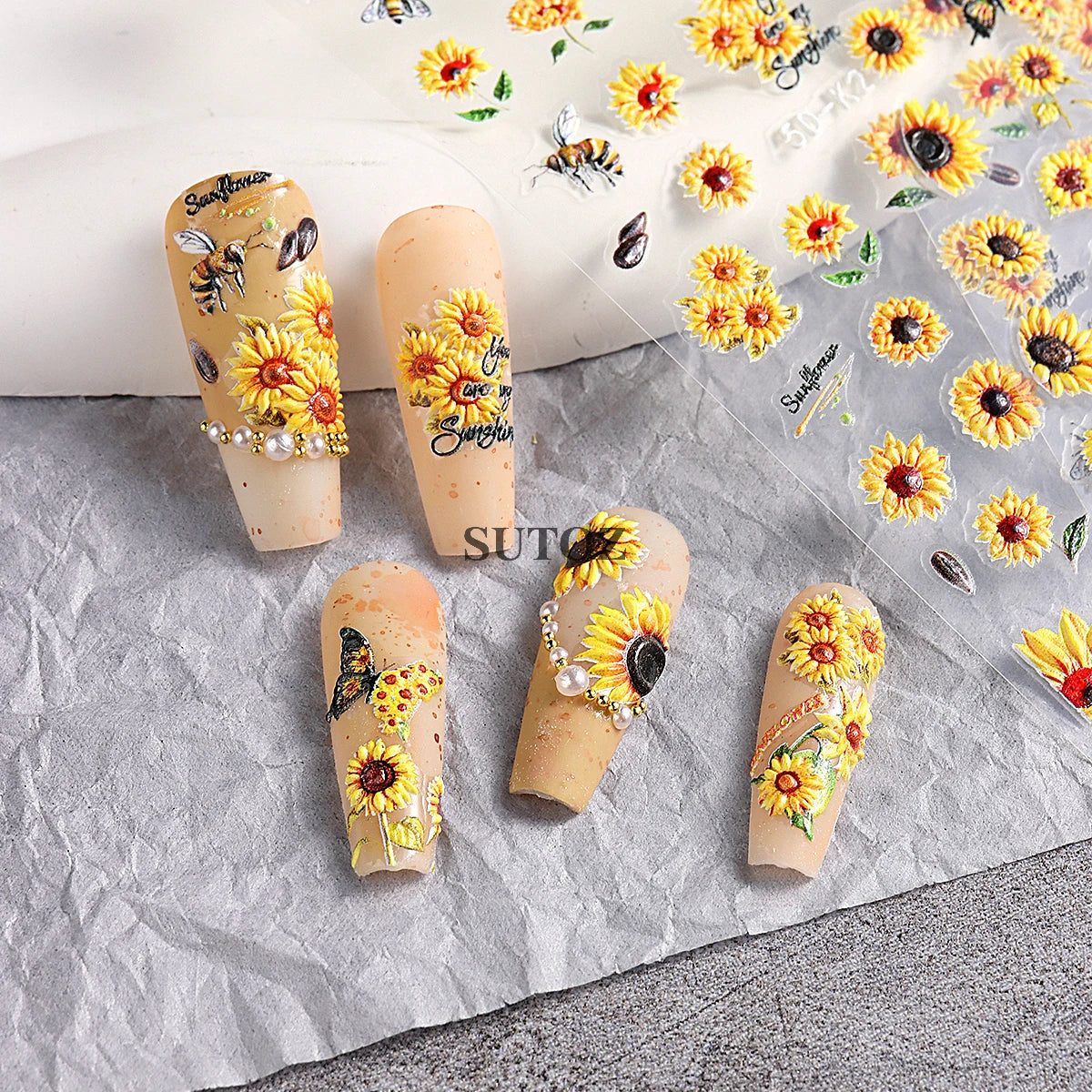 GL5D-K256 5D Sonnenblumen Nagelsticker - Herbstdesign Prägung