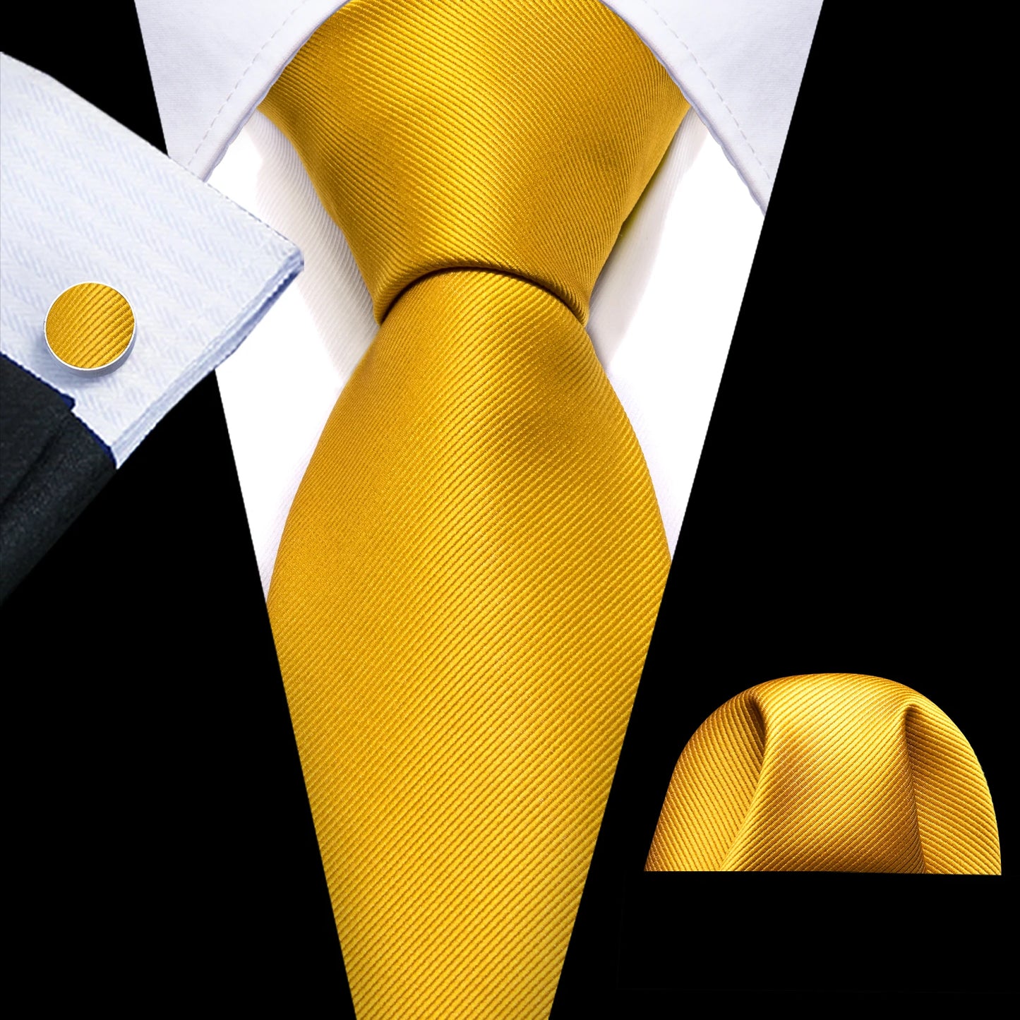 Fashion Silk Men Tie Set Gold Yellow Orange Solid Paisley Striped Plaid Floral Necktie Pocket Square Cufflinks Wedding Business