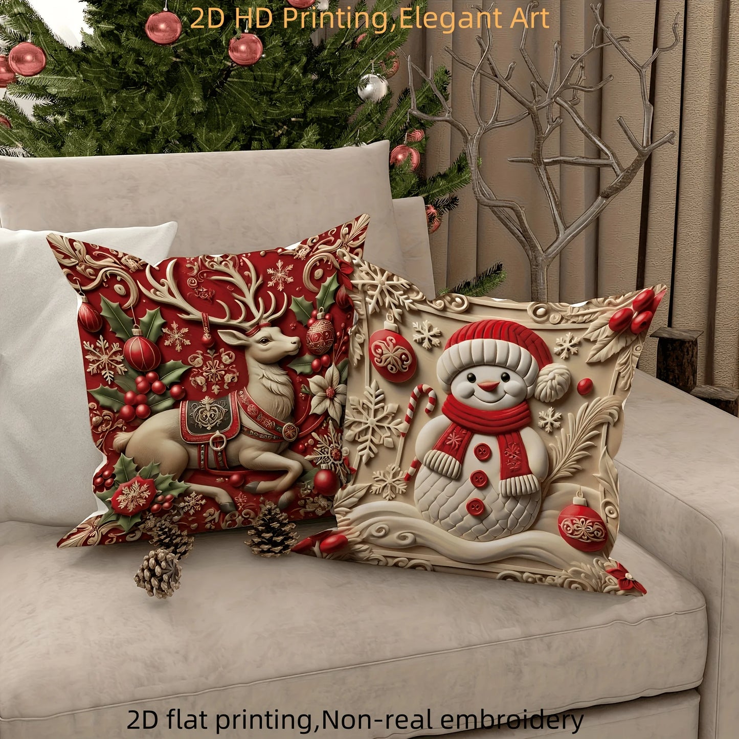 4pcs Christmas Pillow Covers, Red Gold Santa Reindeer Snowman Print, 2D Flat Polyester, for Festive Living Room Decor