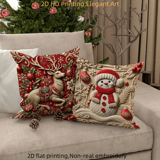 4pcs Christmas Pillow Covers, Red Gold Santa Reindeer Snowman Print, 2D Flat Polyester, for Festive Living Room Decor