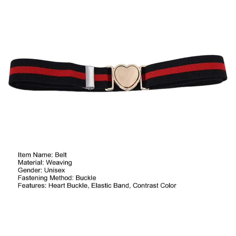 Unisex Belt Contrast Color Banded Metallic Heart Buckle Waistband Adjustable Elastic Band Girl Waist Strap Elastic Waist Band