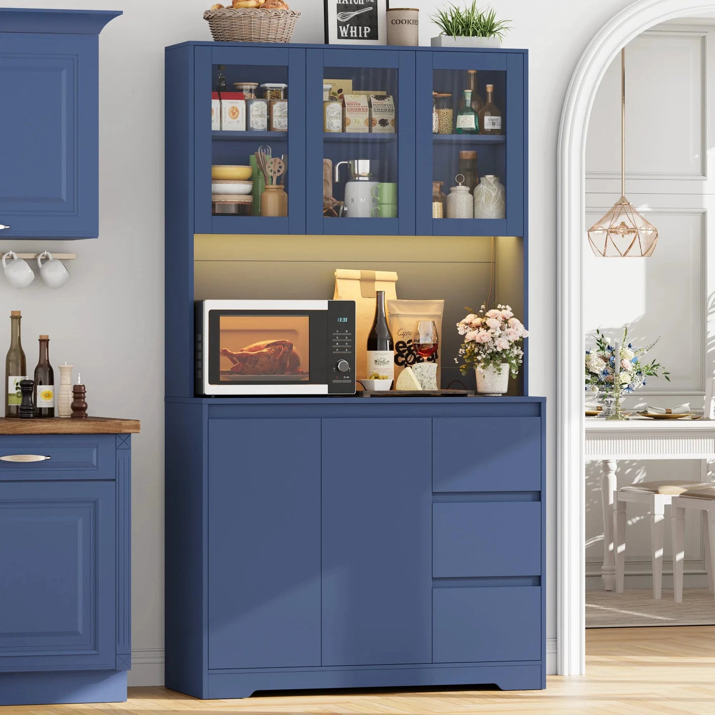 Getone Küchenbuffet mit LED,Küchenschrank Buffetschrank mit Steckdosenleiste mit 3 Schubladen Verstellbares Regal 100x38.5x180cm by Golden Bridge Store