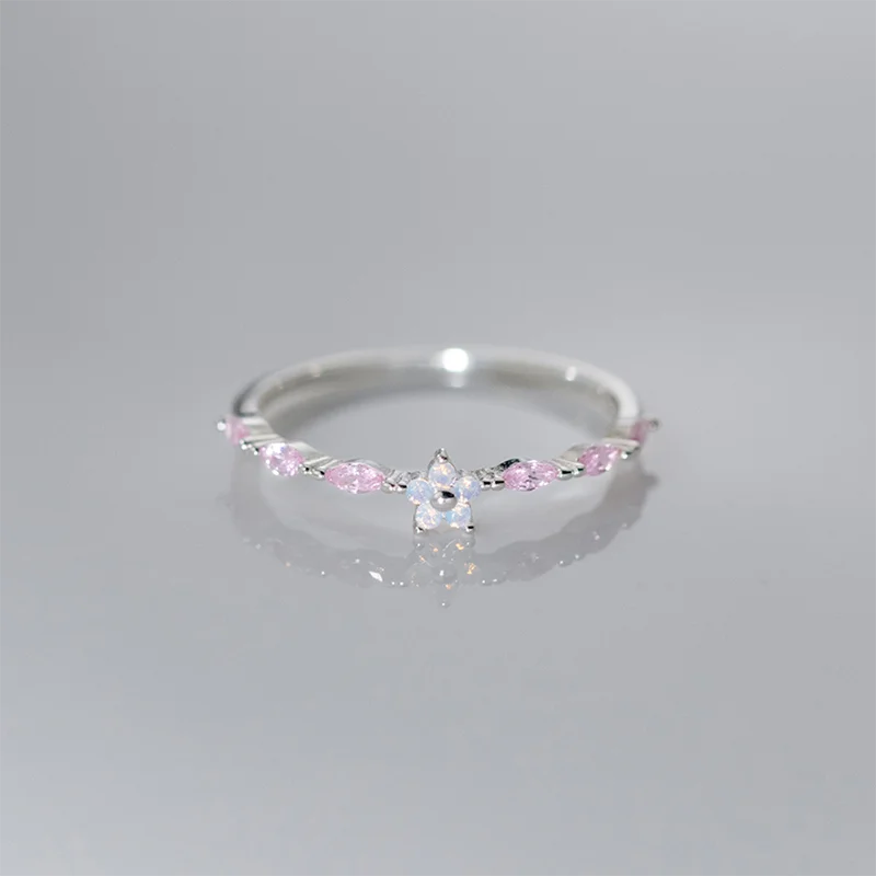 WANTME 925 Sterling Silver Romantic Pink Zircon Flower Open Finger Ring for Women Fashion Sweet Girl Party Luxury Trend Jewelry