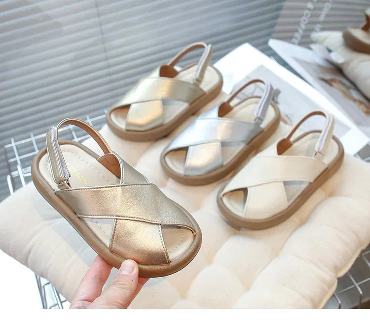 Girls Flats Solid Color Trendy Kids Sandals Hook&loop Adjustable 2025 Summer New Boys Fashion Beach Shoes Hollowed-out Chic