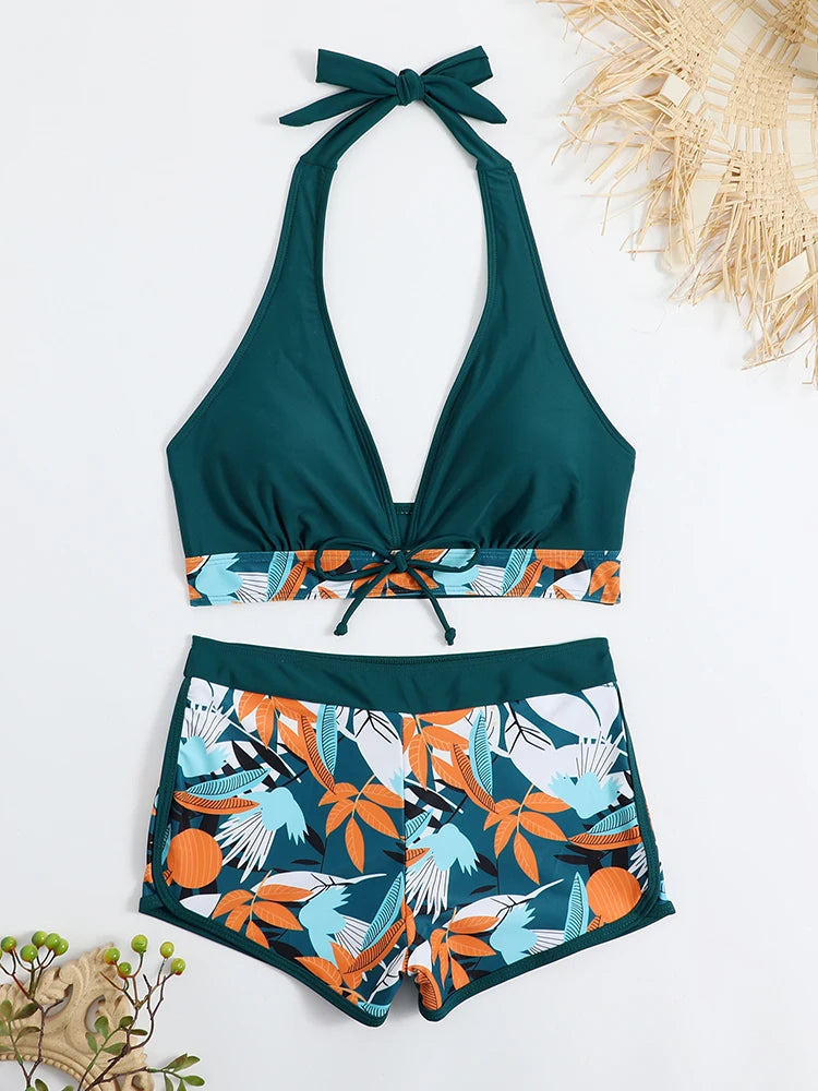 Halter Bikini Set: High Waist Design Wire-Free Support Spandex Polyester - Kurzer Schwimmanzug Frauen Bedruckte Bademode Polsterung Strandmode