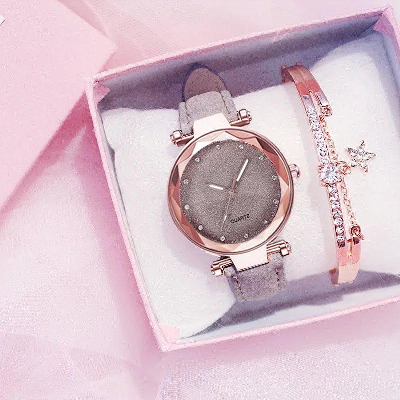 Casual Uhren Damen Romantischer Sternenhimmel - Uhr Armband Leder Strass Designer - Damen Uhr Einfaches Kleid Geschenk
