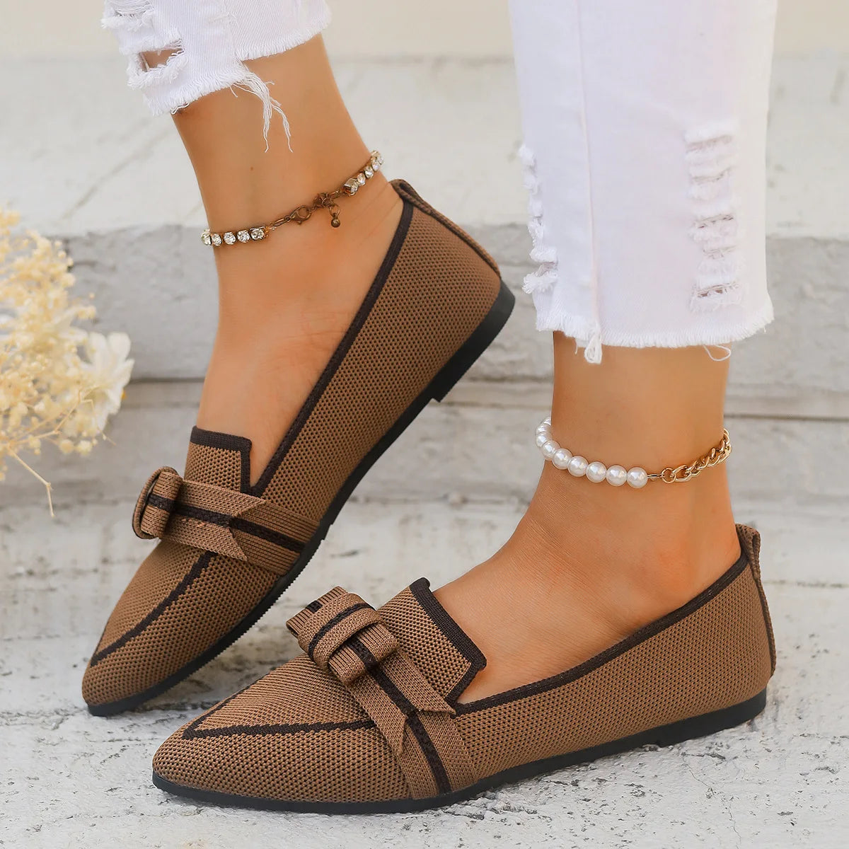 Women Flats 2024 New Knitted Slip Breathable Comfortable Solid Color Shoes Casual Pointed Toe Walking Loafers Sneakers Women