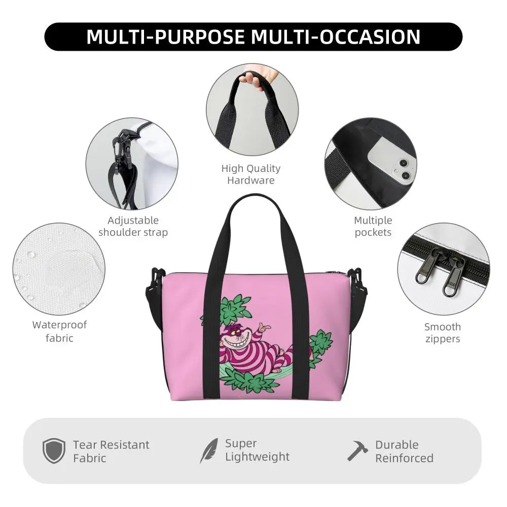 Custom Cheshire Cat Beach Tote Bag for Women We're All Mad Here Cat Big Compartment Gym Beach Travel Bags