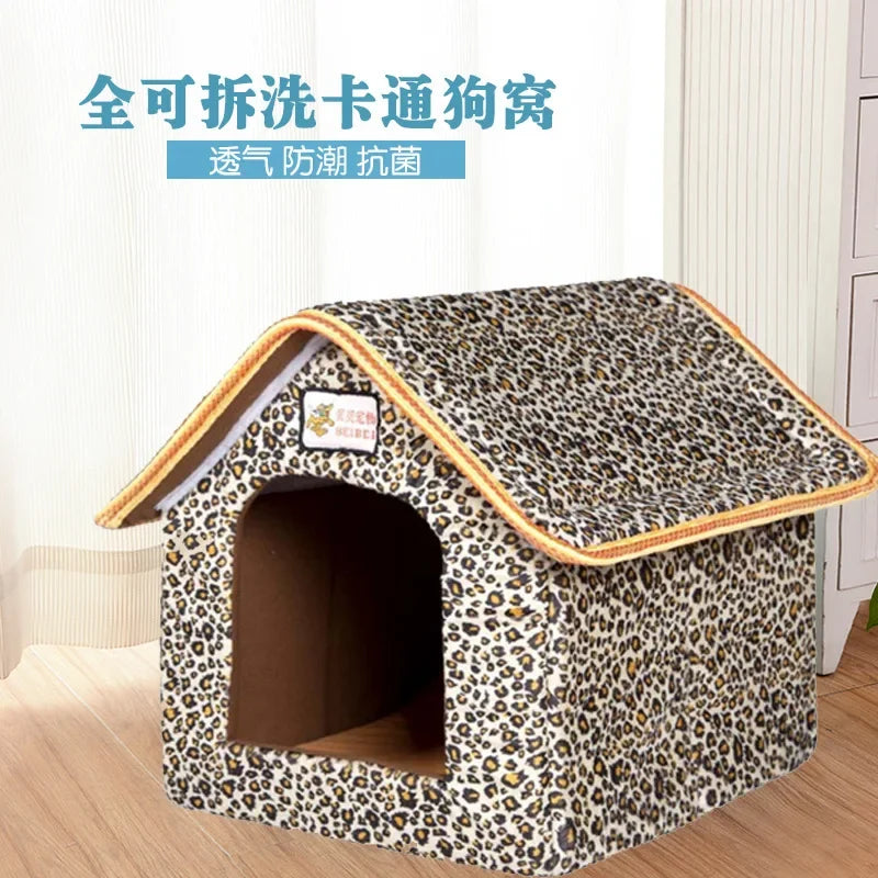 Winter Pet House Foldable Bed With Mat Soft Leopard Dog Puppy Sofa Cushion House Kennel Nest Dog Cat Bed For Small Medium Dogs