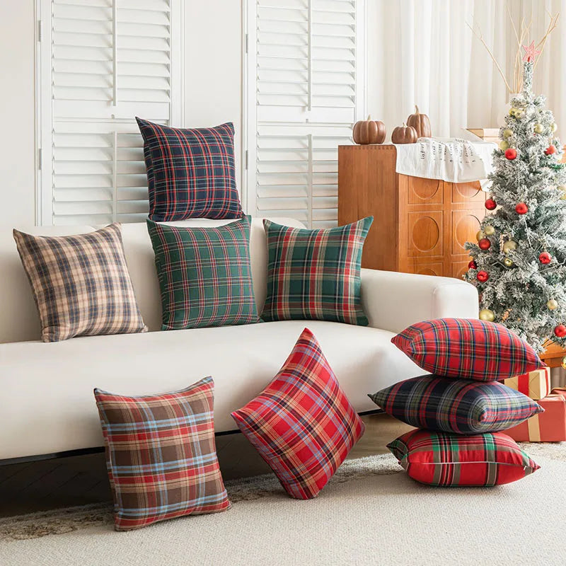 Pack of 2 Christmas Plaid Decorative Throw Pillow Covers Scottish Tartan Cushion Case for Farmhouse Home Holiday Decoration