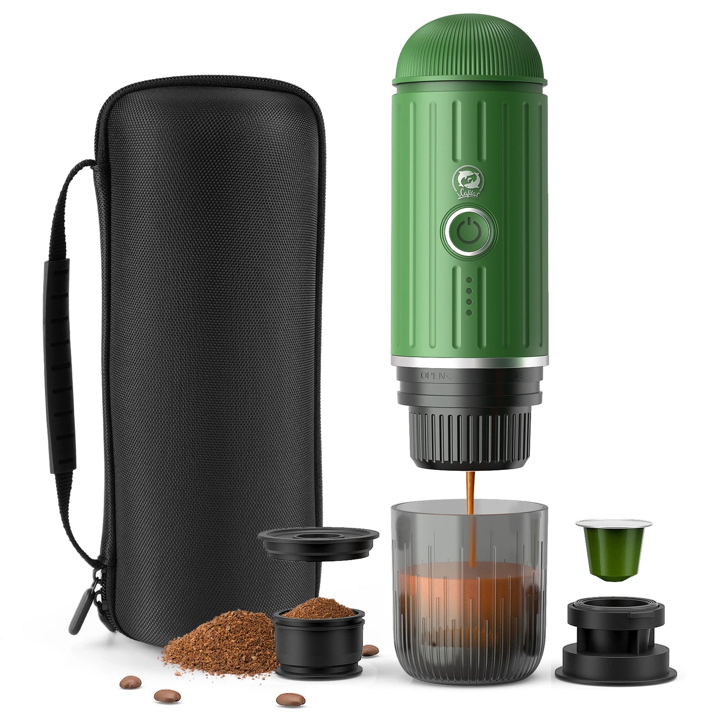 icafilas Portable Kaffeemaschine - Heizbar für Kapseln & Pulver, Travel Espresso Maker mit Tasche