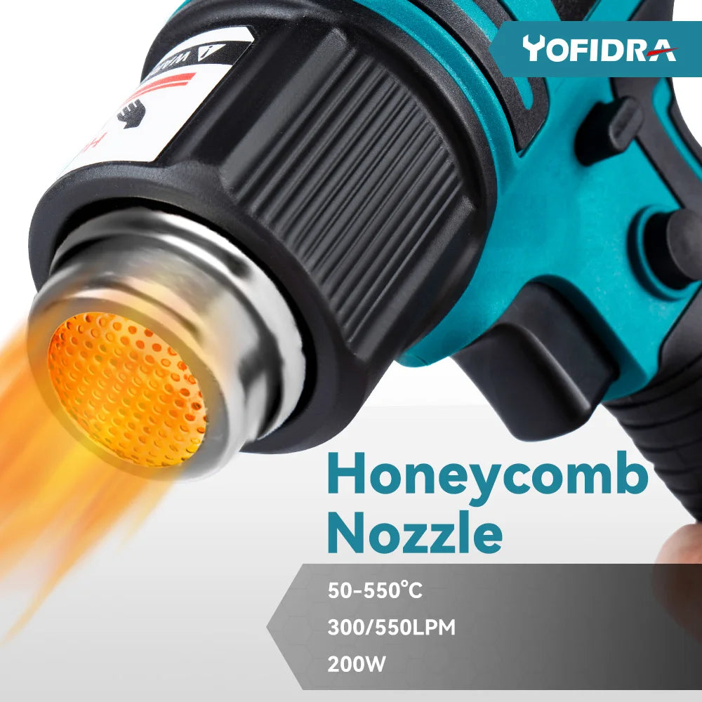 Yofidra 2500W Electric Hot Air Gun - 6 Gears Adjustable LED Temperature Display Soldering Thermal Blower For 21V 18V Battery