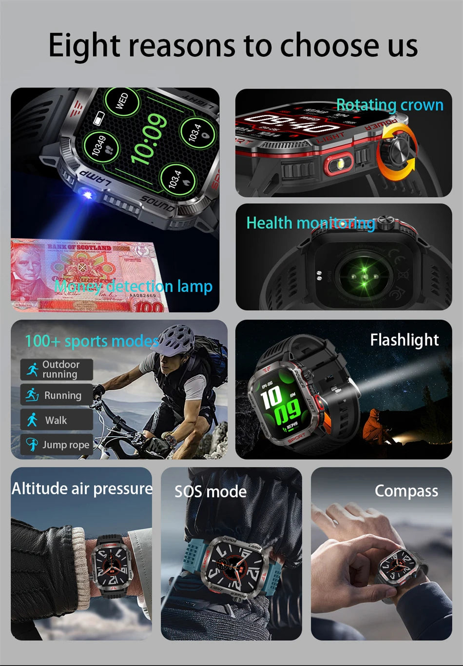 Smartwatch 2025: Outdoor-Military GPS-Sports - Flashlight Compass Collection