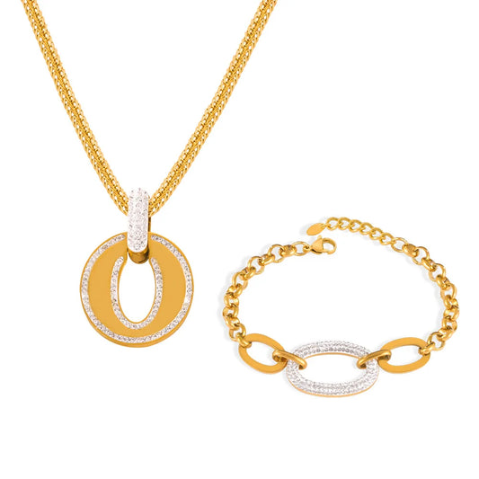 Luxus Strass Runder Anhänger Halskette - Edelstahl Goldplattiert Armband Schmuck Set - Damen Hochzeit Accessoires