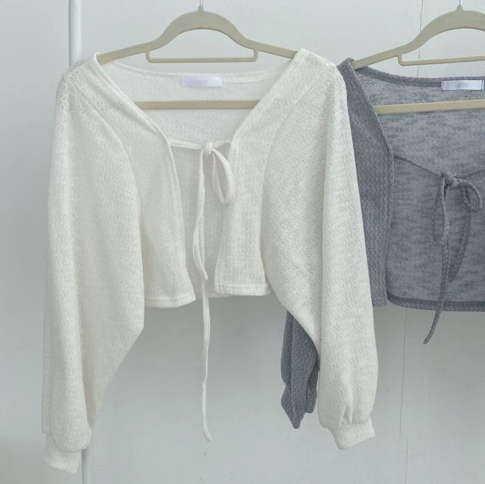 TDFunlive Cardigan Sonnenschutz Laternenärmel V-Neck Schnür-Detail Weiß - Größe S/M/L, Länge Kurz