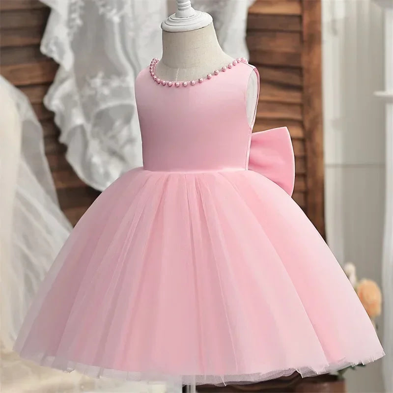 Baby Mädchen Kleid Große Schleife Perlen Rückenfrei 1. Geburtstag Party Kleid Säugling Mädchen Prinzessin Hochzeit Tüll Kleid Taufe Kleid 1-5J
