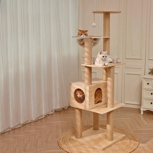 Massivholz Säule Multi-schicht Katzen Klettergerüst, Multifunktional Haustier Große Katzen Villa Mehrstöckig Katzen Baumhaus Klettern Spielzeug