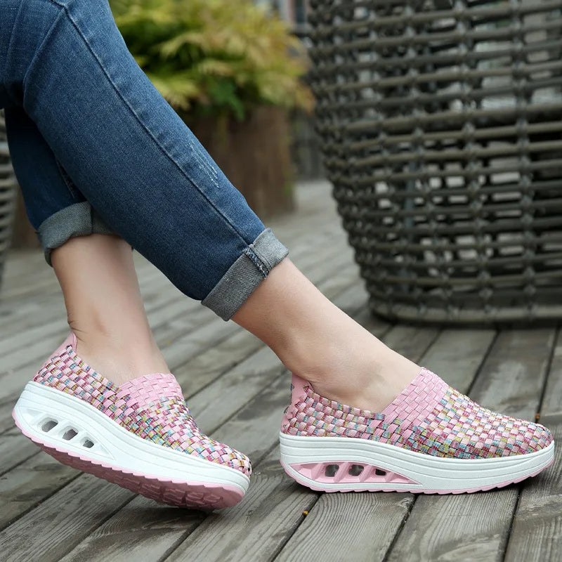 Zapatos De Mujer Sneakers Women's Mixed Color Woven Wedge Rocking Shoes Lightweight Non-slip Breathable Loafers Chaussure Femmes
