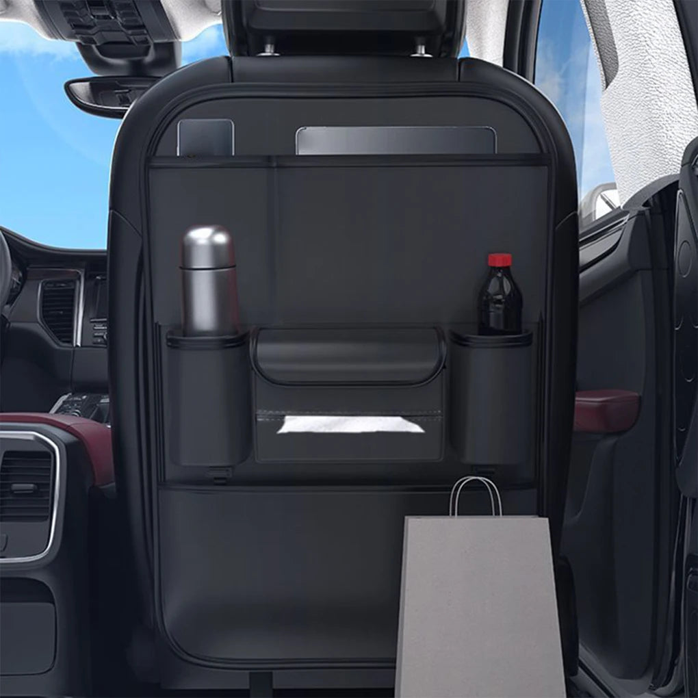 Car Seat Back Organizer PU Leather All in One Car Seat Back Storage Bag with Foldable Table Tray  Tissue Holder Anti Kick Pad
