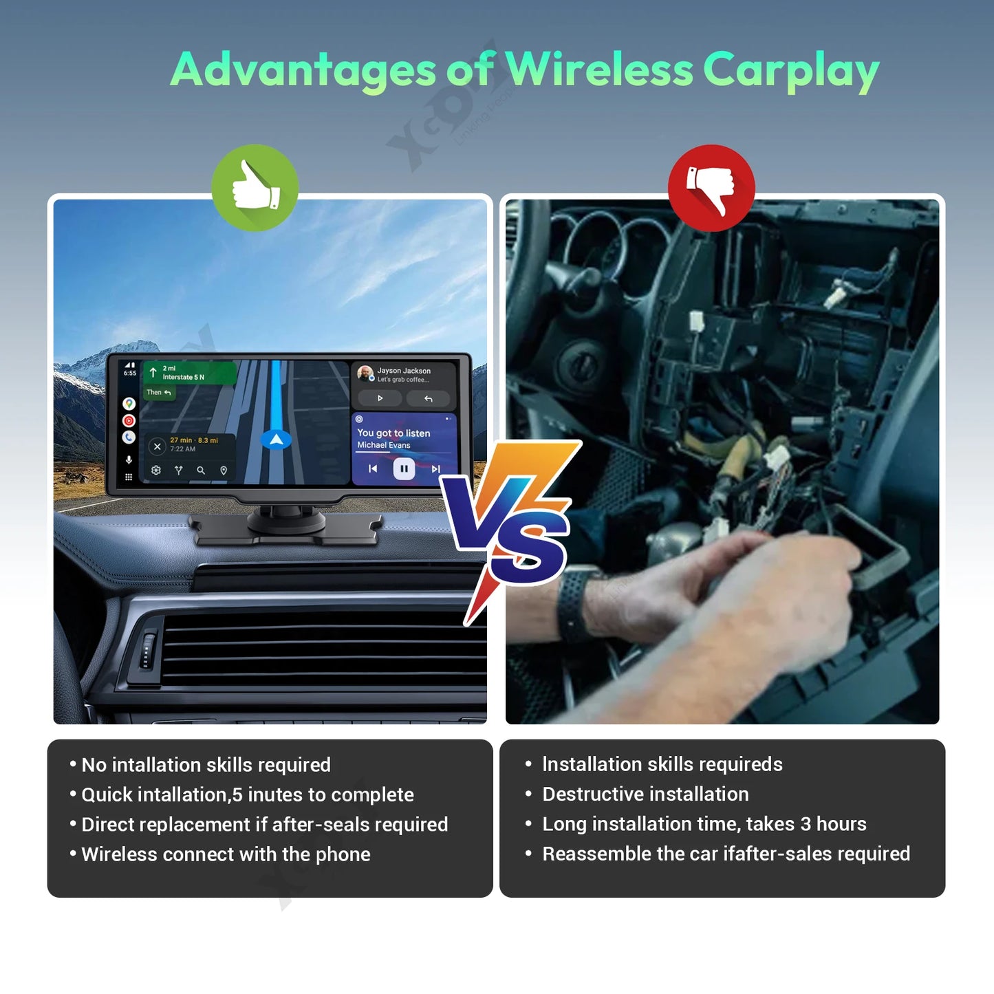 4K 10.26" Touchscreen Auto DVR Dashcam - Kabellos Apple CarPlay Android Auto Dual Lens Video Recorder