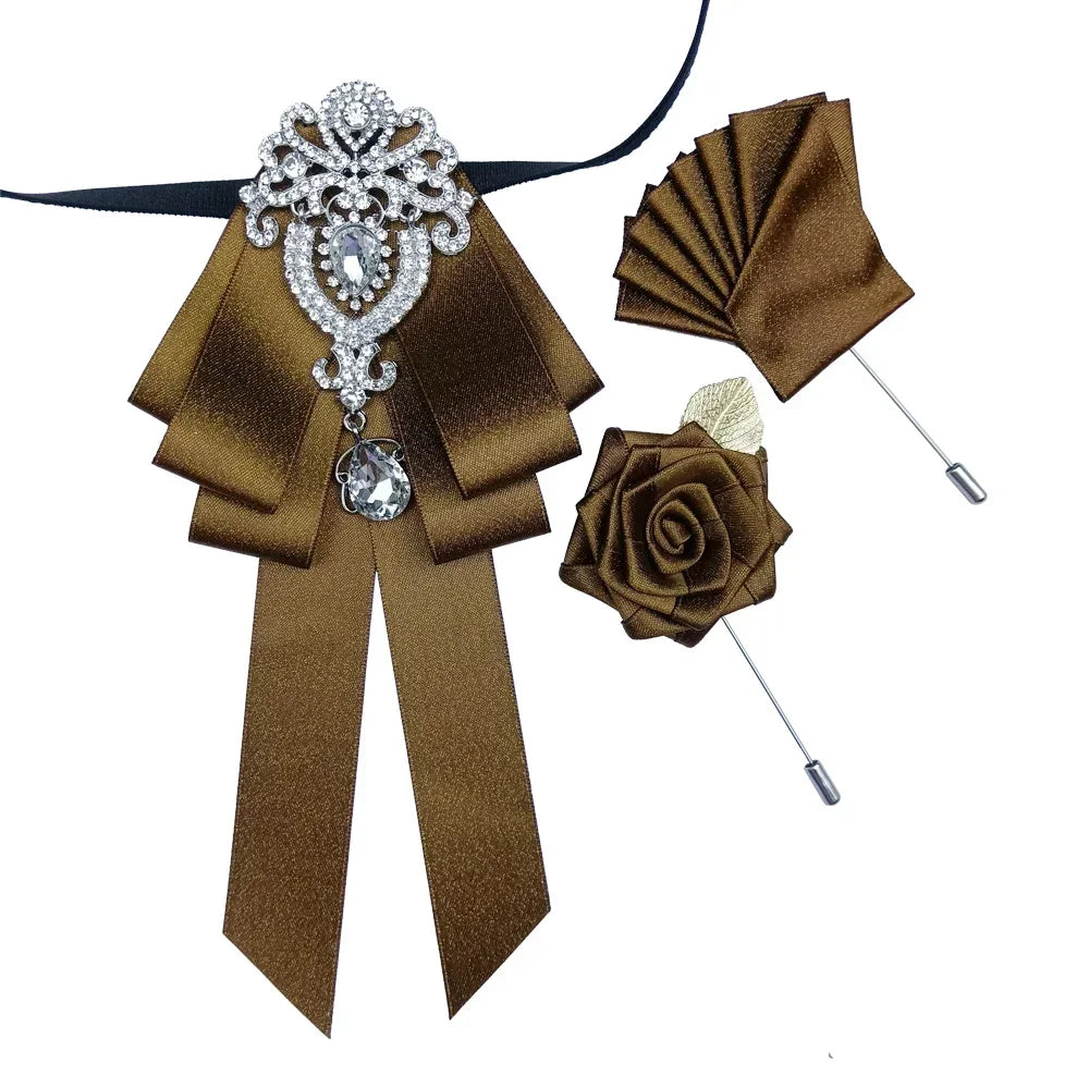 Fashion Handmade Bow Tie Wedding Collar Luxury Rhinestone Bowtie Necktie Brooch Pocket Towel Square Set Gift for Men Accessories