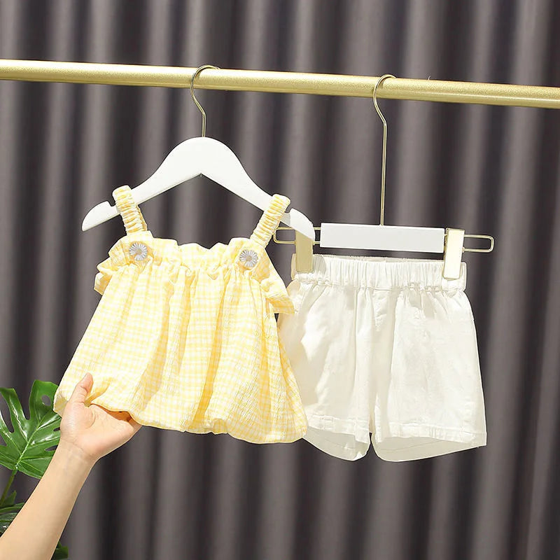 Girls Outfit Set 2022 Summer Clothing Sets Hollow Lace Suit Baby Casual Sleeveless T-shirt+Shorts Kids Clothes Sets Baby Clothes