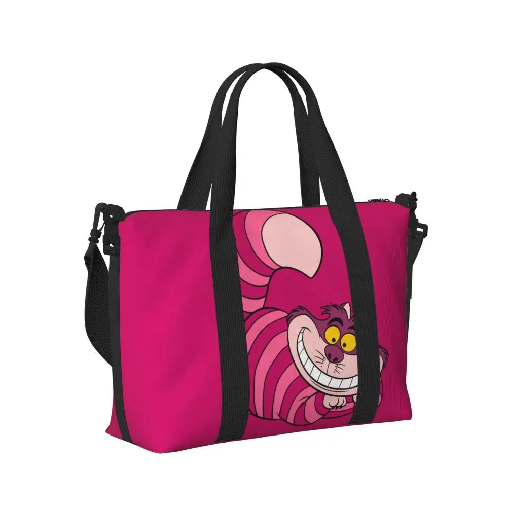Custom Cheshire Cat Beach Tote Bag for Women We're All Mad Here Cat Big Compartment Gym Beach Travel Bags