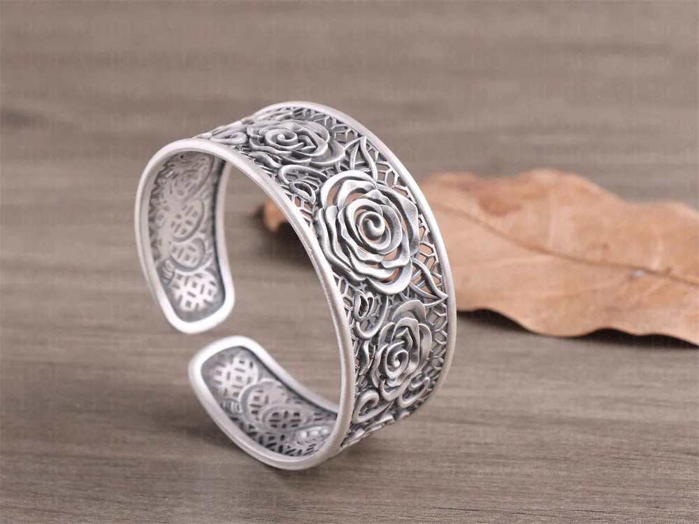 Handcrafted s999 sterling silver rose filigree bangle wide bracelet unique artisan design