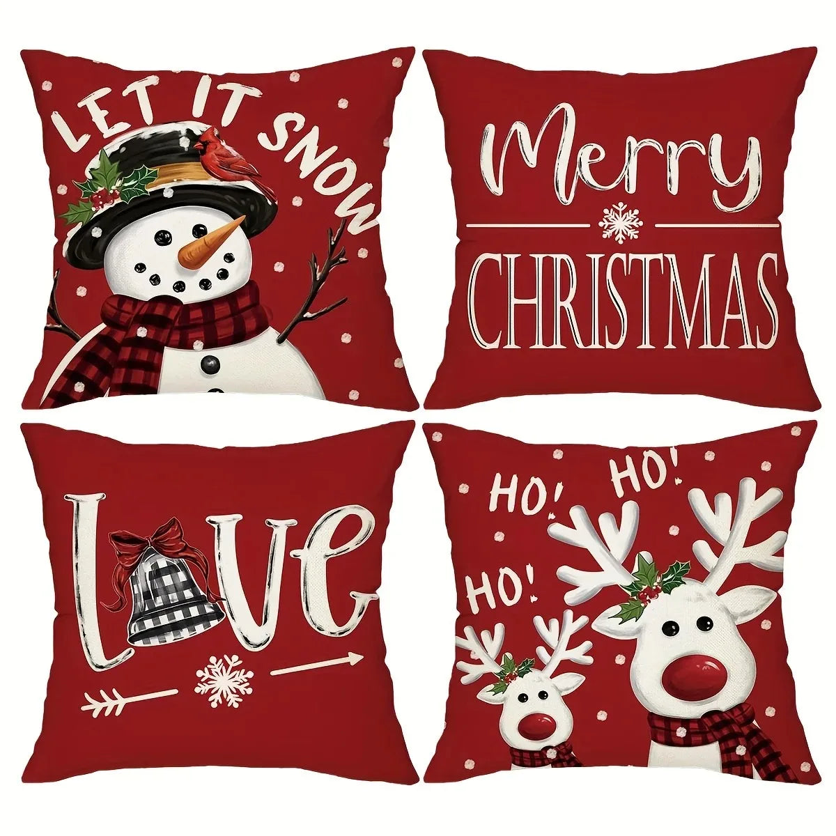 New Red Christmas Pillow Cover 45x45cm - Snowman & Deer Printed Holiday Cushion Case, Festive Xmas Decor for Living Room Sofa