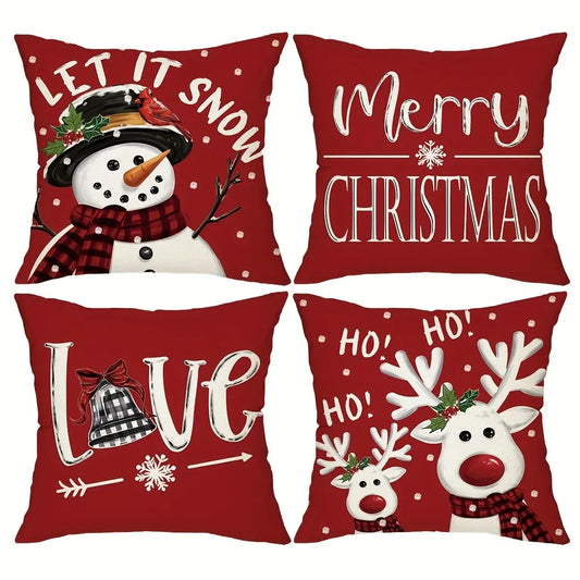 New Red Christmas Pillow Cover 45x45cm - Snowman & Deer Printed Holiday Cushion Case, Festive Xmas Decor for Living Room Sofa