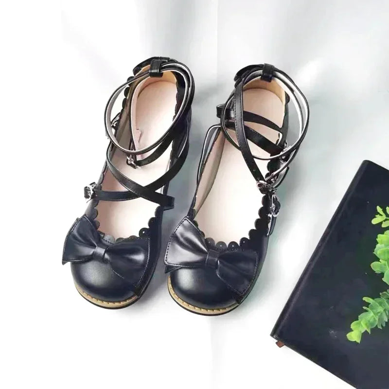 Lolita Schuhe Damen 2025 - Flats Low Round Cross Straps Schleife - Süße Mädchen Prinzessin Tea Party Schuhe Studenten 34-41