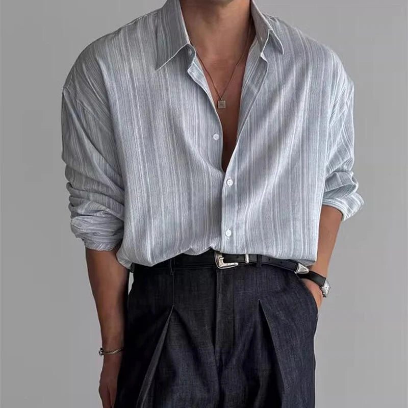 Cămașă cu dungi CN Guangdong, mânecă lungă, guler răsturnat - material de dimensiuni mari