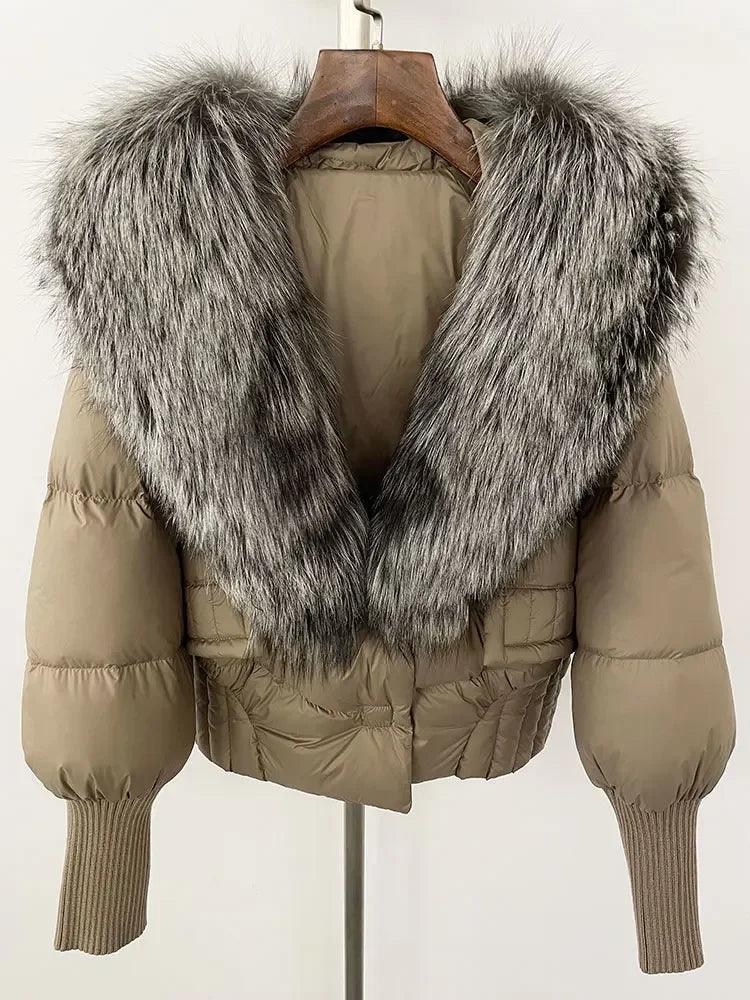 Winter girls jacket with real raccoon fox fur loose fit coat