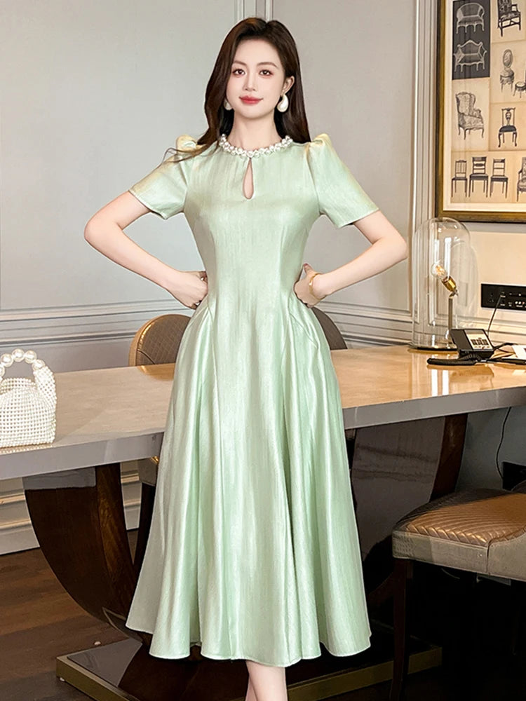 Elegant Host Evening Dress Women's French Vintage Sweet Pearl Hollow Folds Swing A-LINE Long Robe Party Catwalk Prom Vestidos