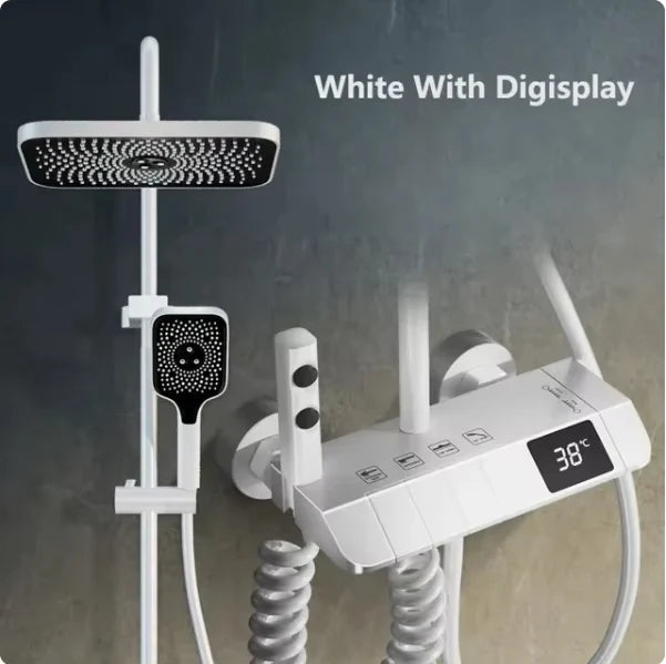 NONEM copper shower armature set with digital display, four functions, includes rain shower head and handheld unit.