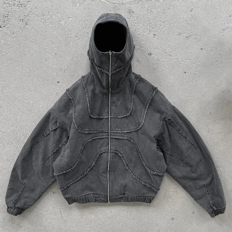 Washed Denim Jacket Y2K American Double Zipper Stitching Flanging Design Streetwear Gothic High Street Oversized Unisex Pullover