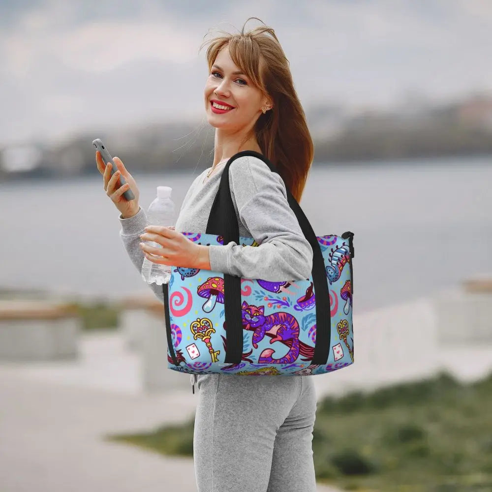 Custom Cheshire Cat Beach Tote Bag for Women We're All Mad Here Cat Big Compartment Gym Beach Travel Bags