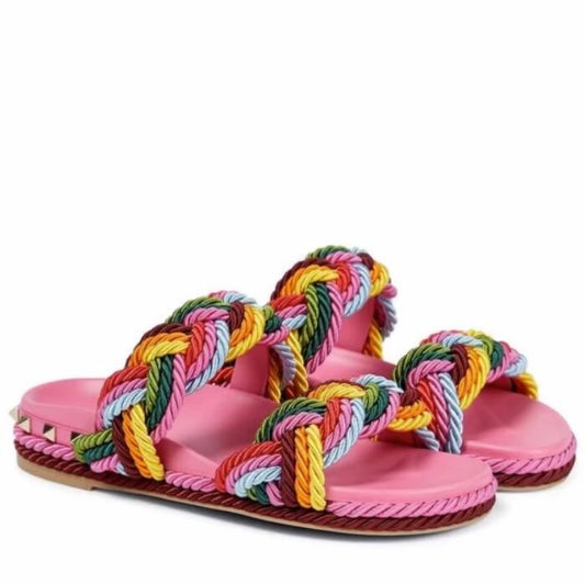 Multi Color Twists Crosst-tied Rivets Embellished Slingback Sandals Slides Women Peep Toe Slip-on Thick Sole Flats Beach Shoes