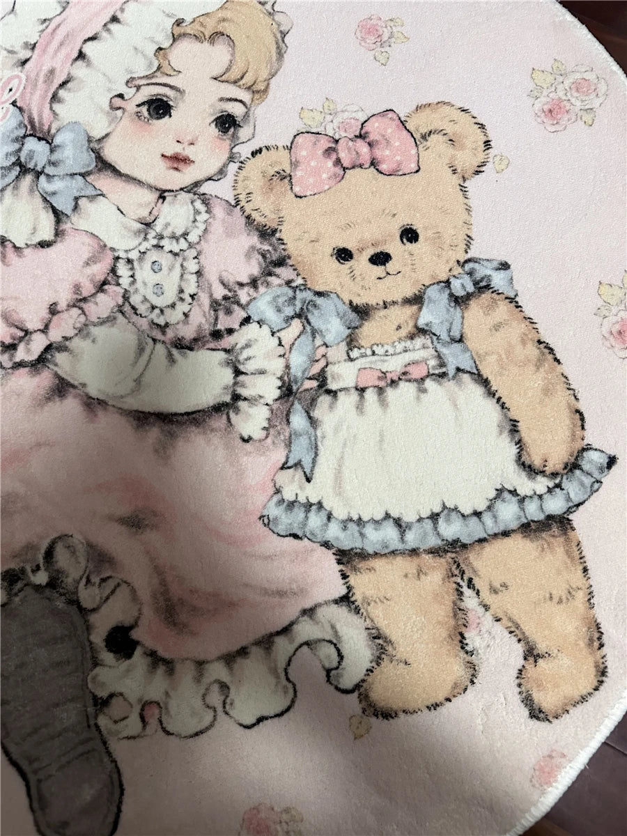 Soft Carpet Cartoon Bear Doll Carpets Round Rectangular Livingroom Rugs Kawaii Girl Lolita Retro Bedroom Bedside Cashmere Carpet