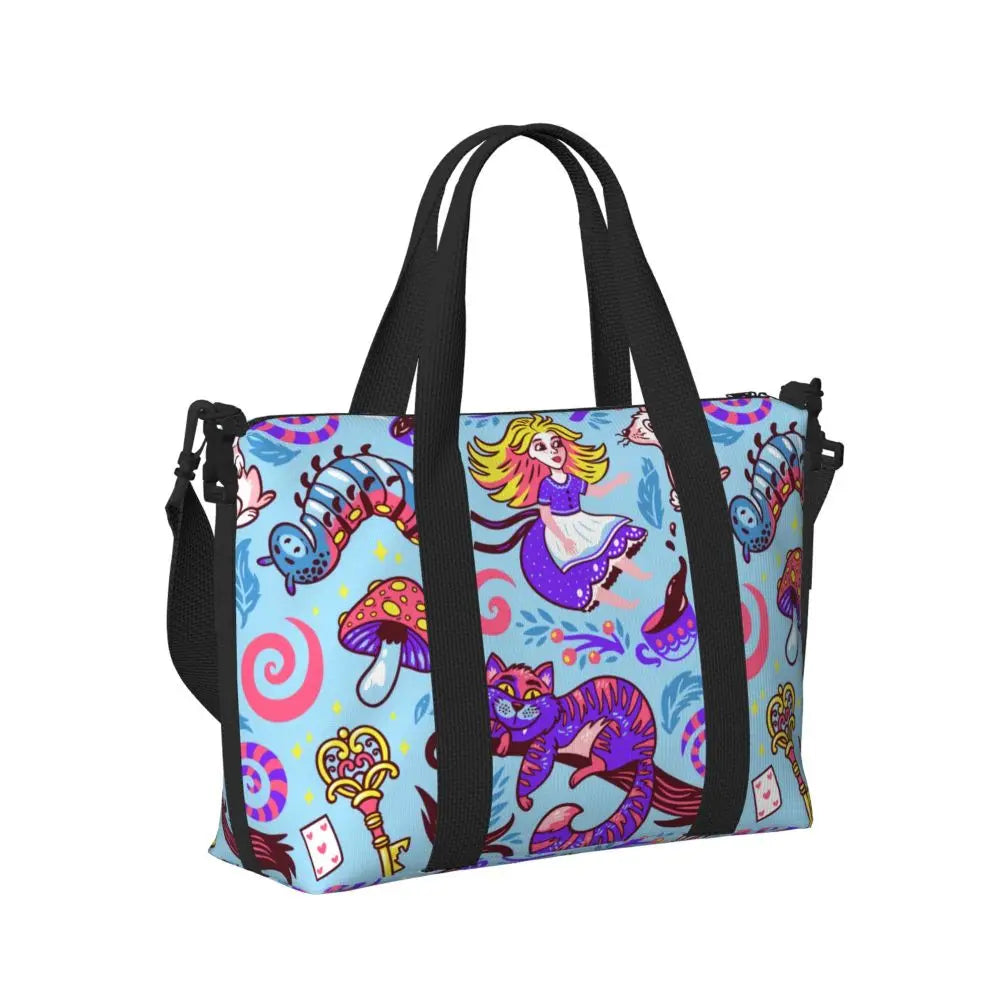 Custom Cheshire Cat Beach Tote Bag for Women We're All Mad Here Cat Big Compartment Gym Beach Travel Bags