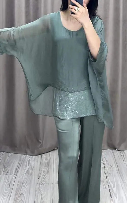 Elegant Women's Suit Casual  Batwing Sleeve Blouse Top With Wide Leg Pants Fashion 2 Piece Set Party Outfits 2024 New Autumn