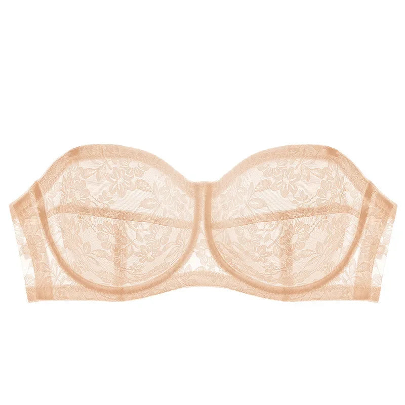 Women's Lingerie Strapless Ultra Thin Bra Transparent Embroidery Floral Brassiere Sexy Invisible Bralette Ladies Underwear