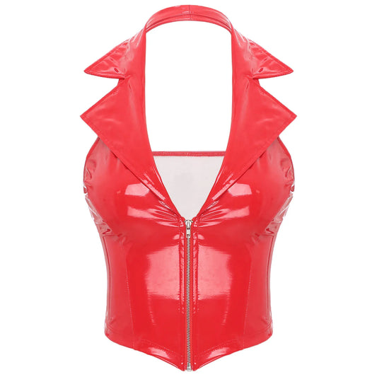 Womens Deep V Neck Front Zipper Latex Vest Tops Glossy Patent Leather Notch Lapel Slim Fit Waistcoat PU Leather Camisole Tops